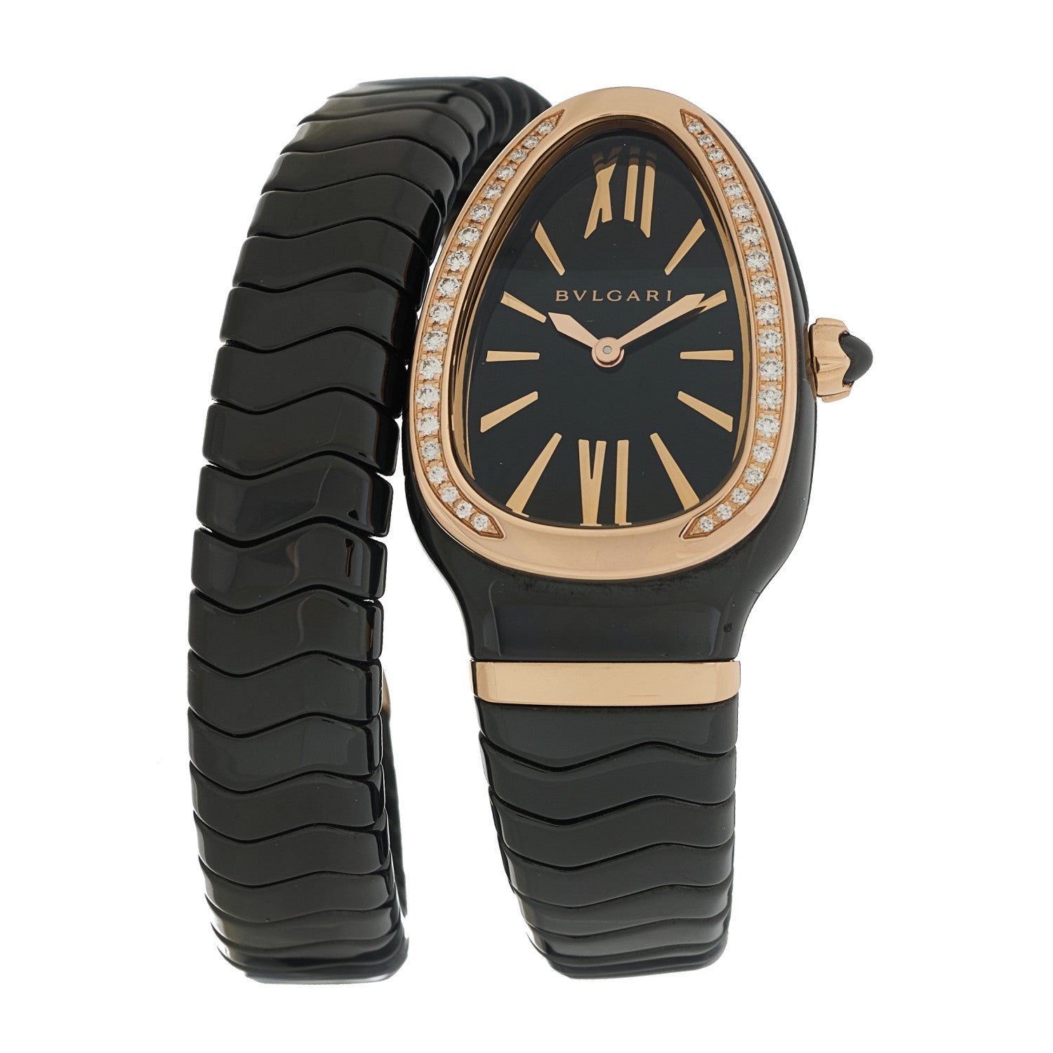 Bulgari 18K Rose Gold Ceramic Diamond Bezel 35mm Serpenti Tubogas Quartz Watch Black 1 of 5