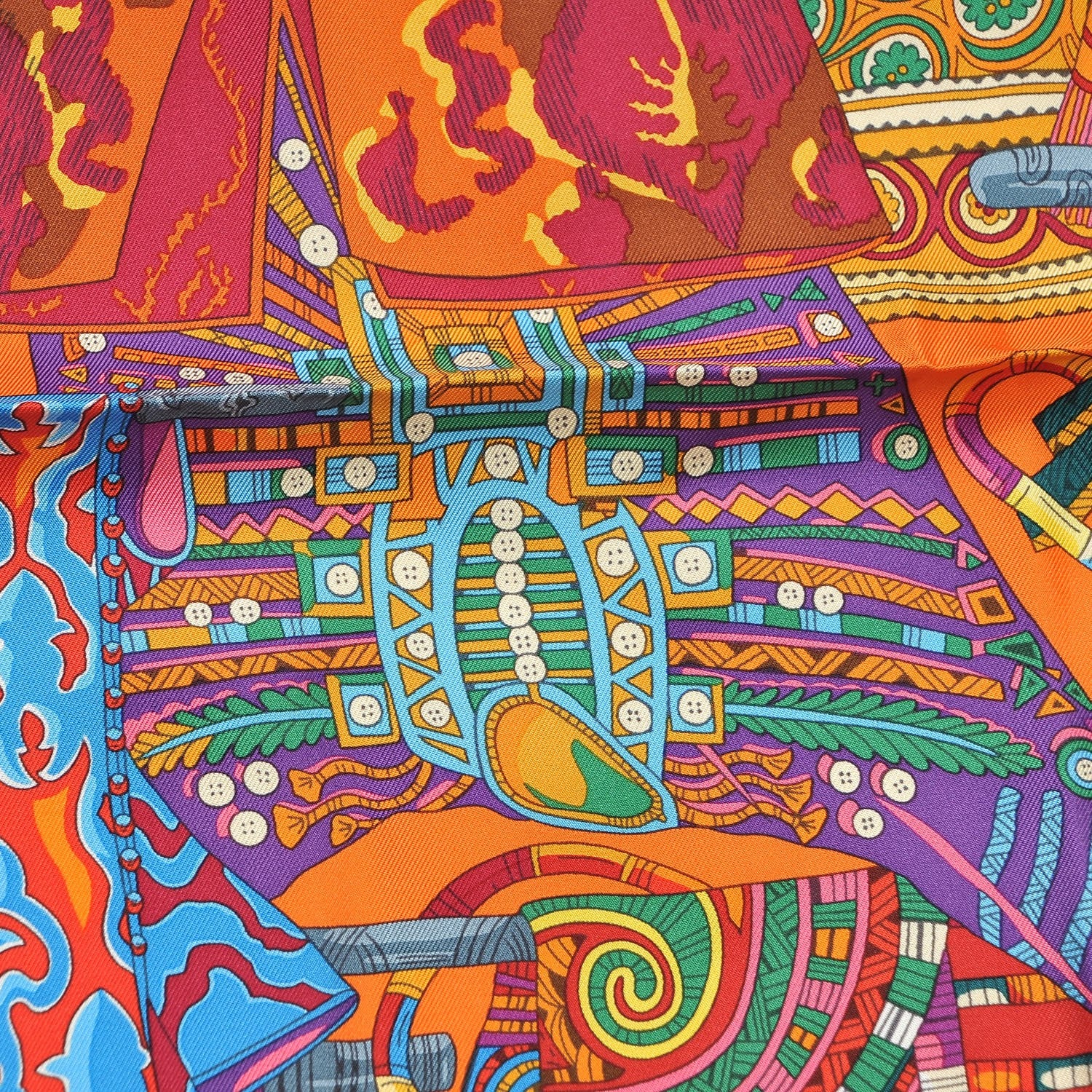 Hermes Silk Voyage En Etoffes Scarf 90 Orange Violet Jaune 6 of 6