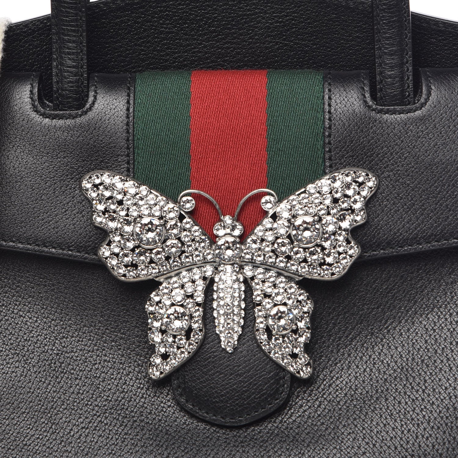 Gucci Grained Calfskin Web Crystal Butterfly Stripe Medium Totem Top Handle Bag Black 8 of 10