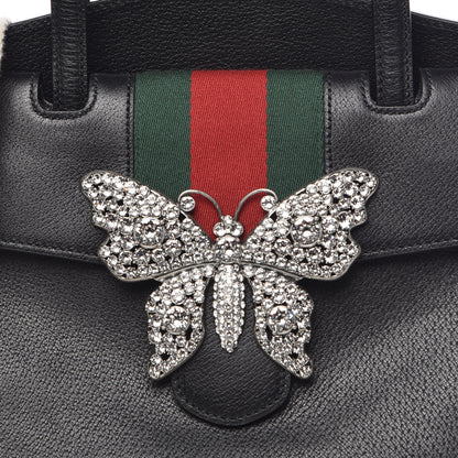 Gucci Grained Calfskin Web Crystal Butterfly Stripe Medium Totem Top Handle Bag Black 8 of 10