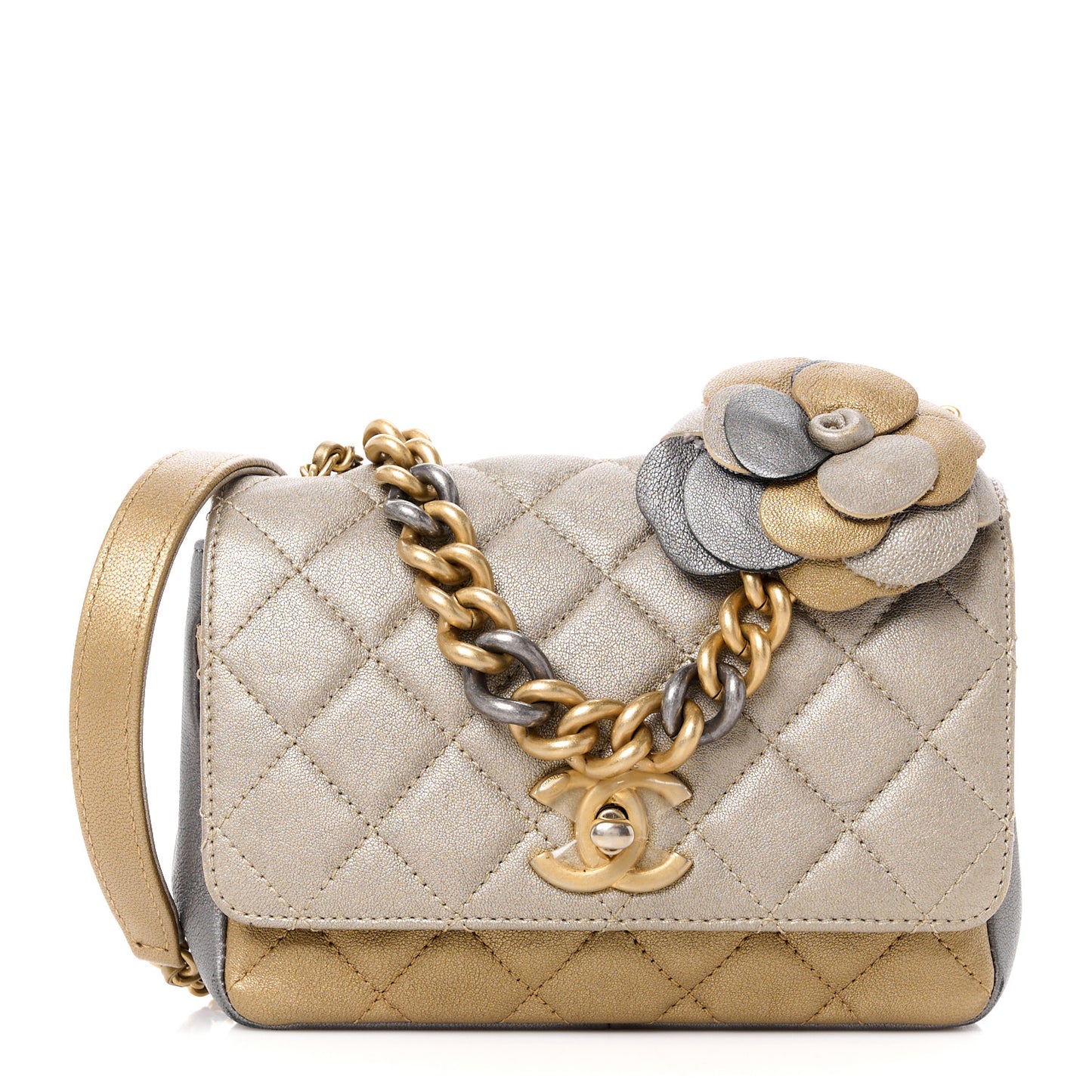 Lambskin Quilted Private Affair Camellia Flap Pale Gold Silver Dark Gold