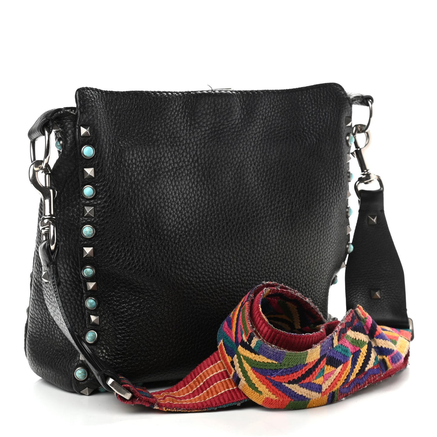 Pebbled Calfskin Tribal Small Guitar Strap Rockstud Rolling Flip-Lock Messenger Bag Black