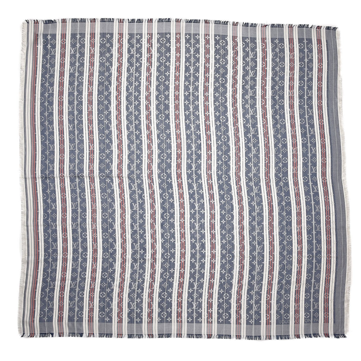 Silk Wool Monogram Mattress Stripes Shawl Blue Jean