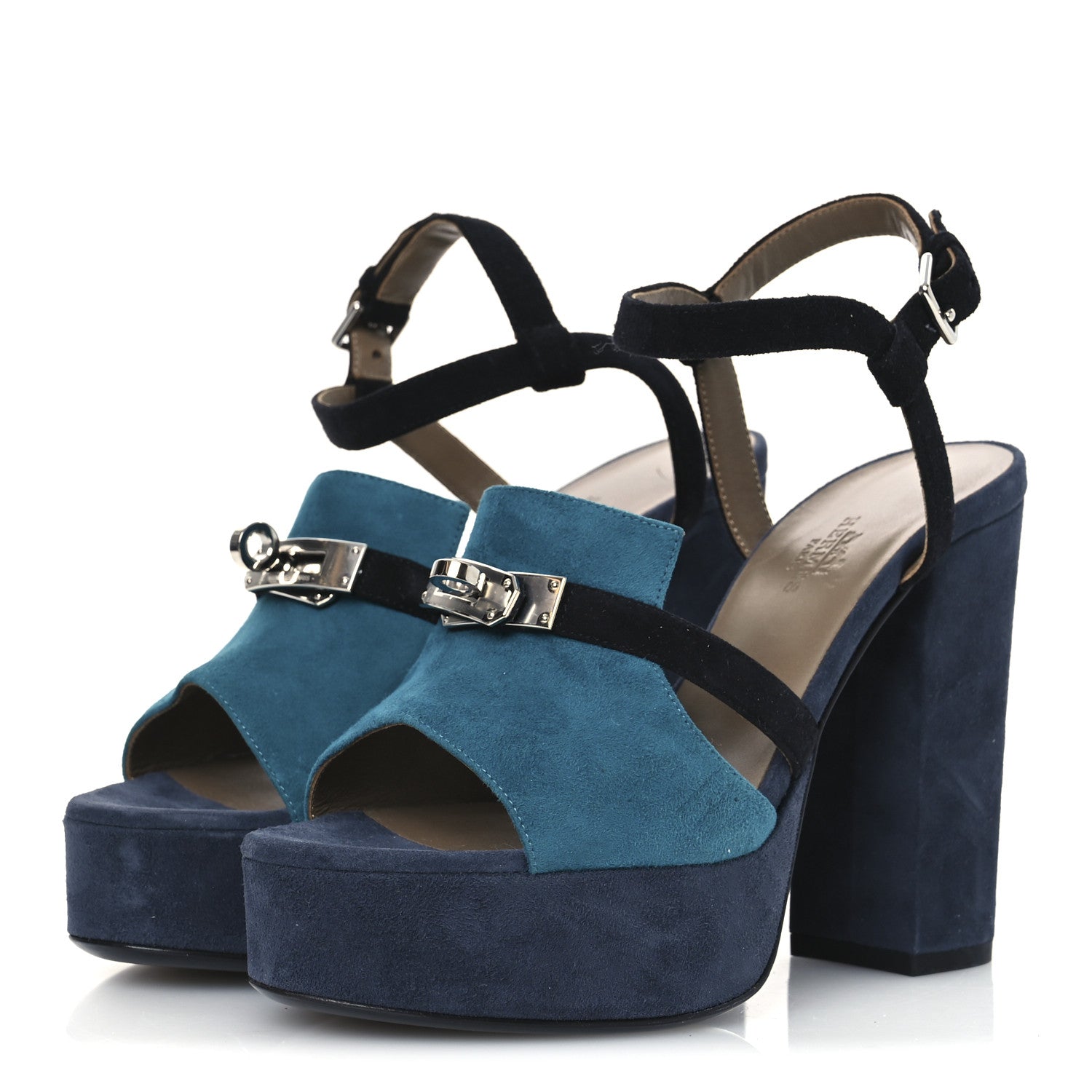 Hermes Suede Goatskin Calas Sandals 37.5 Vert Oxford Bleu Celeste Black 4 of 14