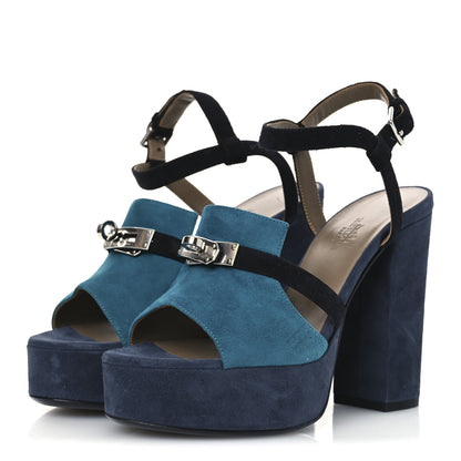 Hermes Suede Goatskin Calas Sandals 37.5 Vert Oxford Bleu Celeste Black 4 of 14