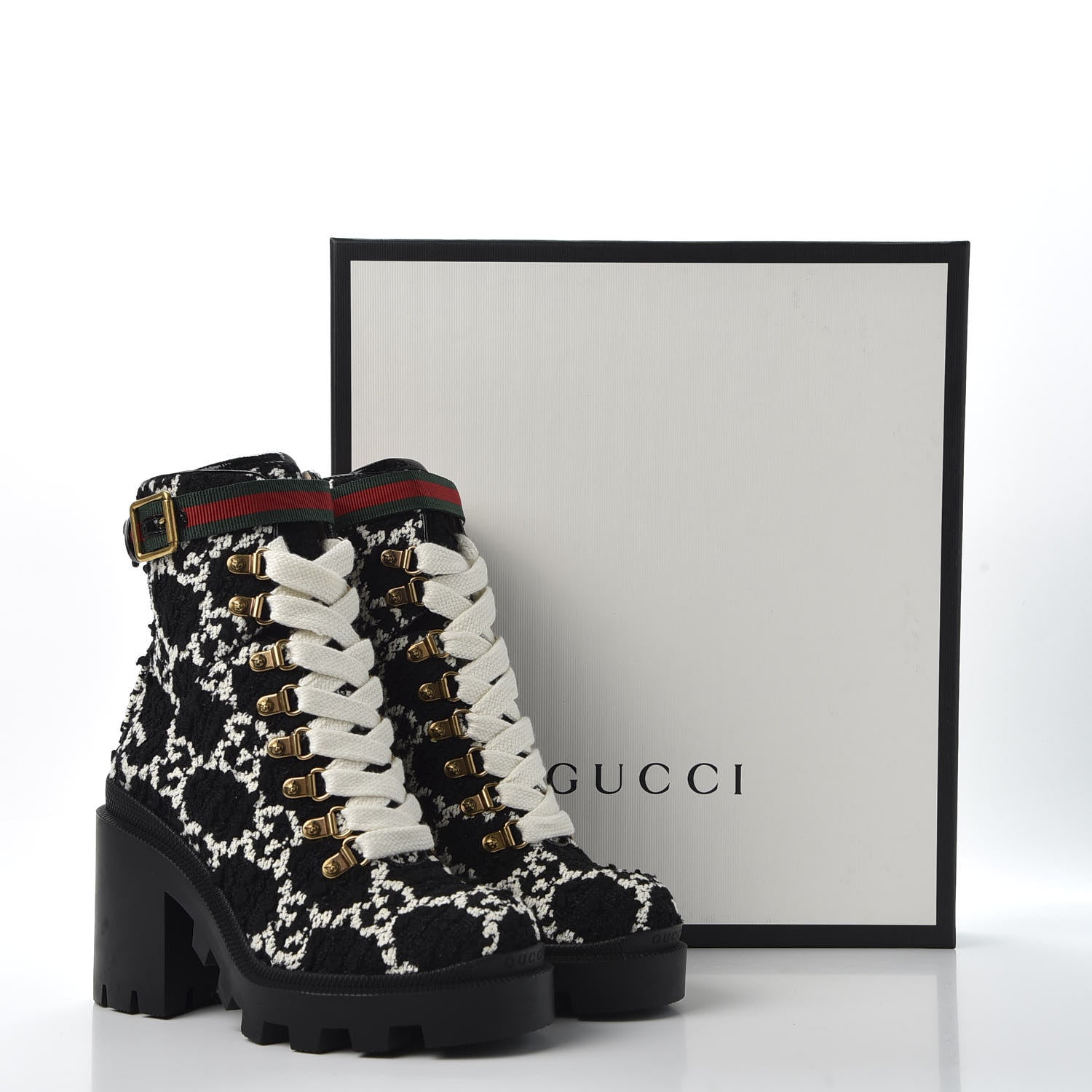 Gucci Tweed GG Monogram Lace Up Combat Ankle Boots 35.5 Black 10 of 10