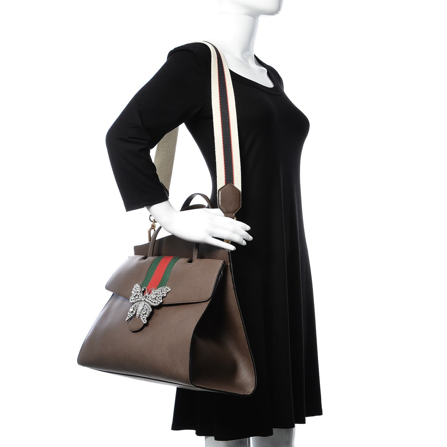 Textured Calfskin Web Crystal Butterfly Stripe Large Totem Top Handle Bag New Acero