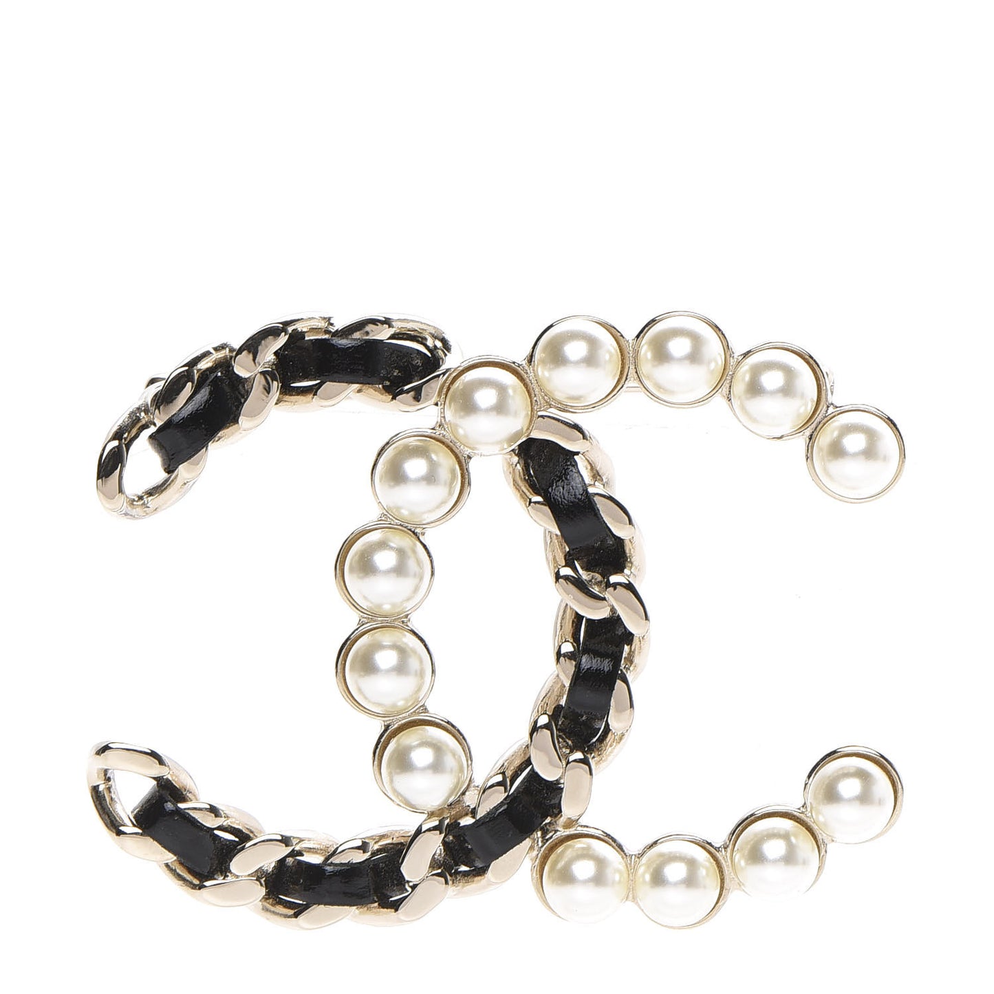 Lambskin Pearl CC Chain Brooch Black Gold