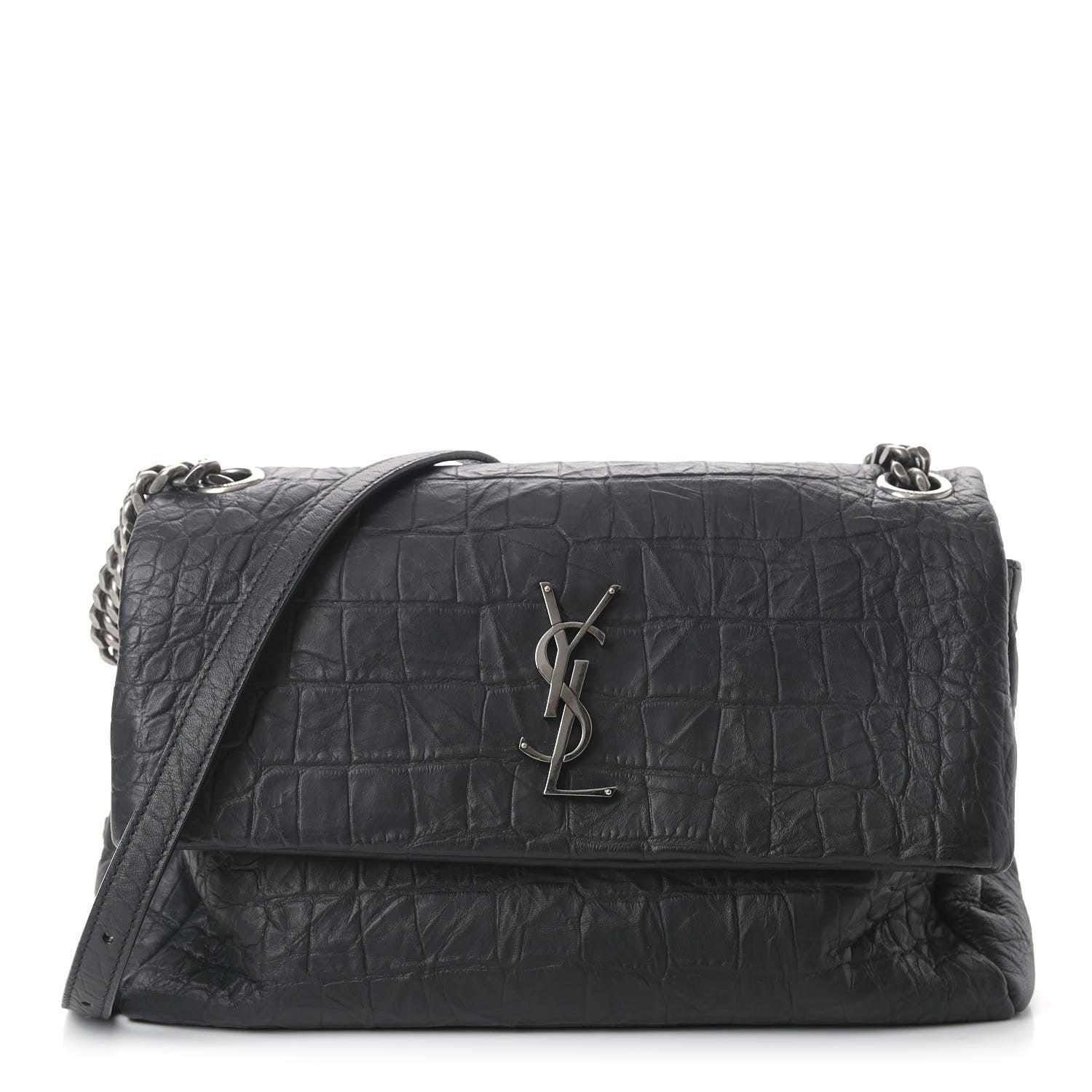 Saint Laurent Calfskin Crocodile Embossed Medium West Hollywood Monogram Fold-Over Black 1 of 11