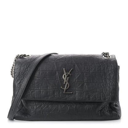 Saint Laurent Calfskin Crocodile Embossed Medium West Hollywood Monogram Fold-Over Black 1 of 11