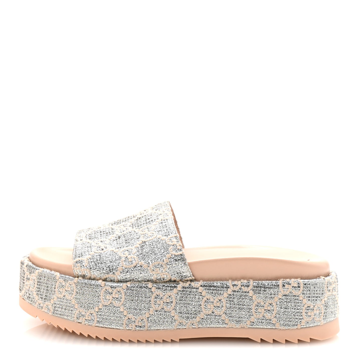 Lame Heritage GG Monogram Angelina Platform 55mm Slide Sandals 37.5 Silver Beige