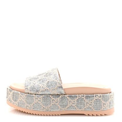 Gucci Lame Heritage GG Monogram Angelina Platform 55mm Slide Sandals 37.5 Silver Beige 1 of 9