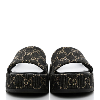 Gucci Jacquard Black Denim GG Monogram Angelina Platform 55mm Slide Sandals 36.5 Black Ivory 2 of 9