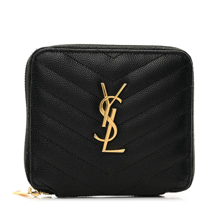 Saint Laurent Grain De Poudre Matelasse Chevron Monogram Compact Zip Around Wallet Black 1 of 9