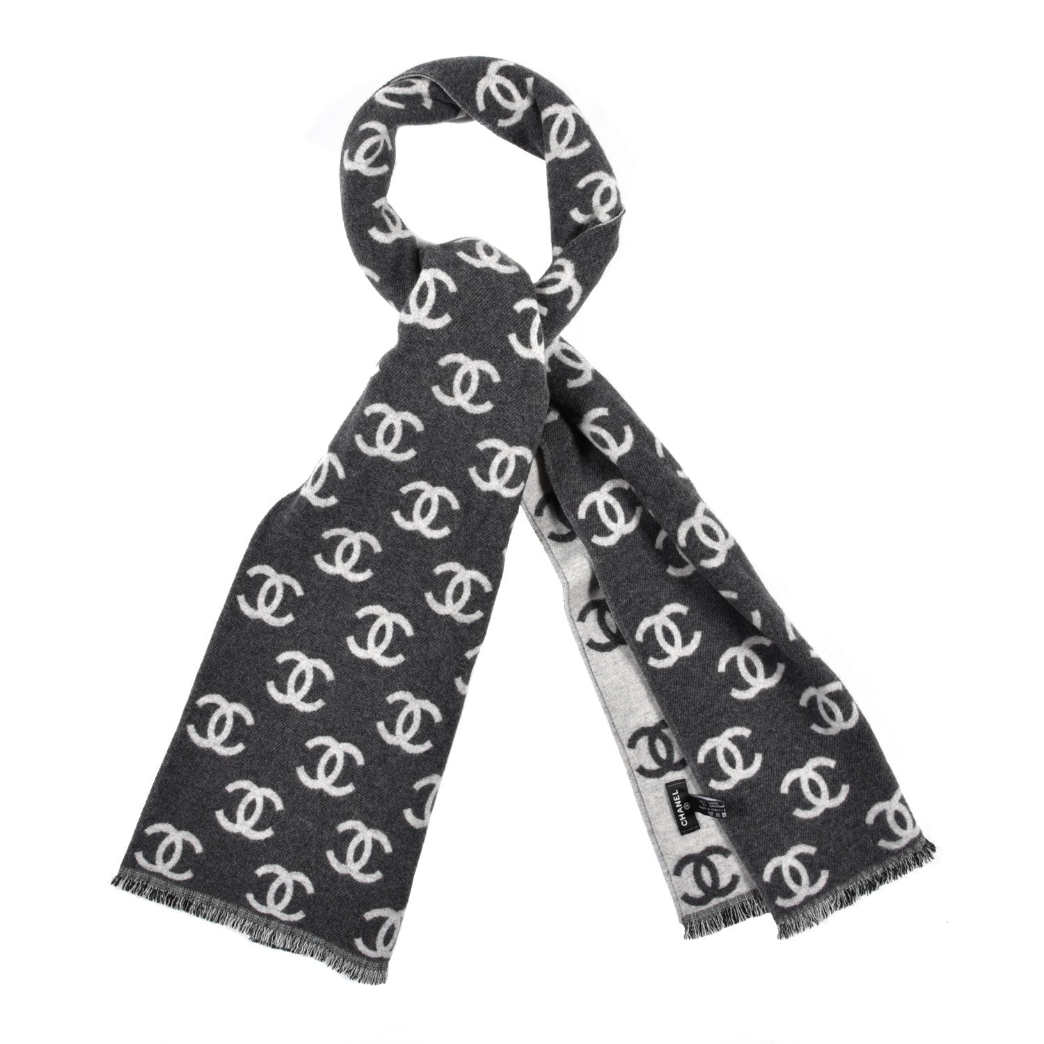 Chanel Cashmere Wool CC Scarf Grey White 1 of 4