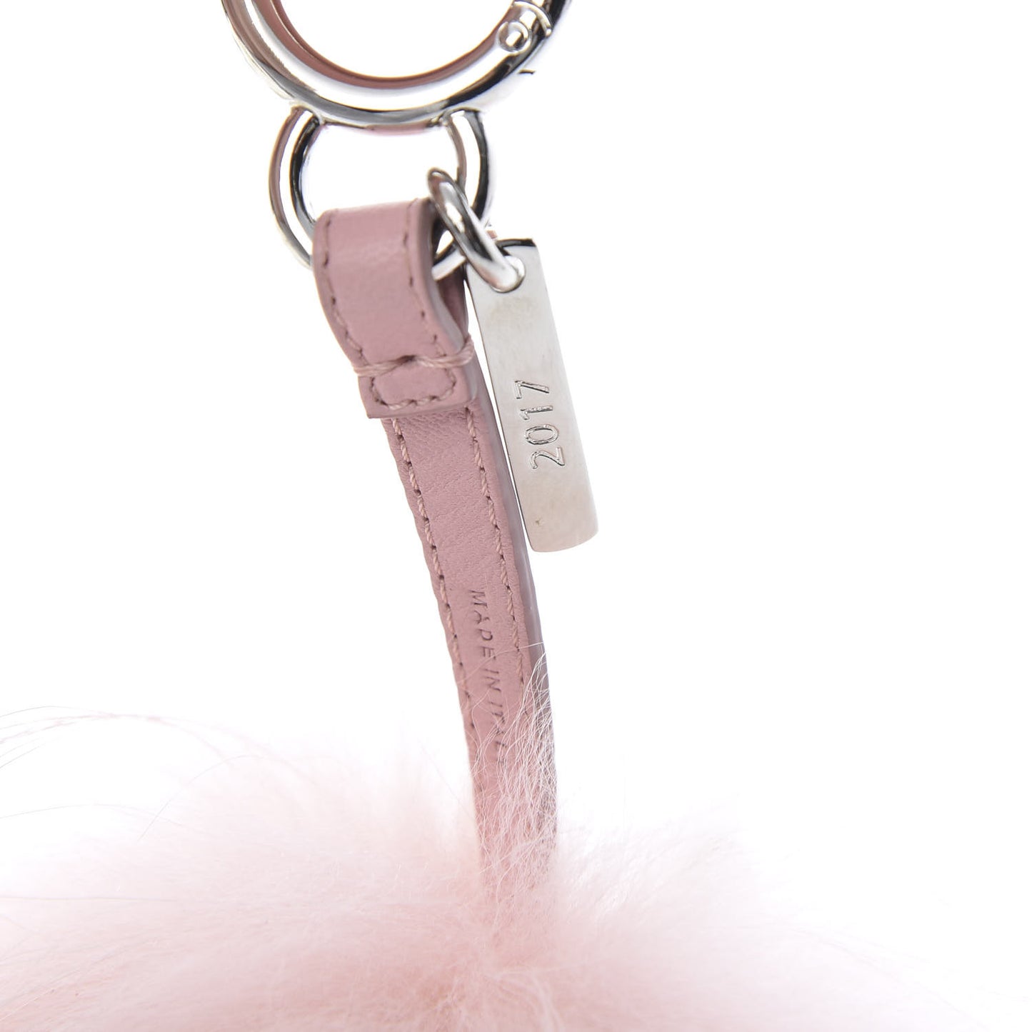 Raccoon Rabbit Fur Shiny Nappa Flower Pom Pom Bag Charm Rosa White