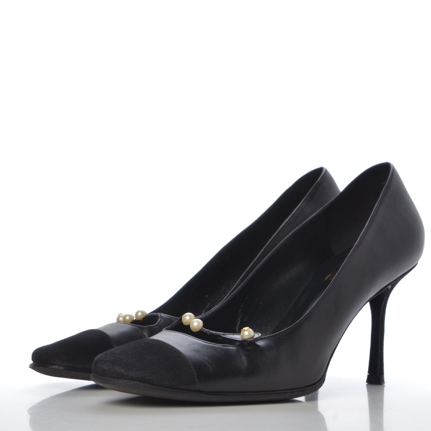 Lambskin Suede Cap Toe Pearl Pumps 38 Black