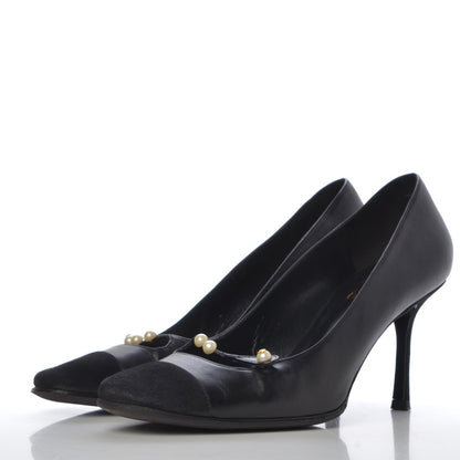 Chanel Lambskin Suede Cap Toe Pearl Pumps 38 Black 3 of 12
