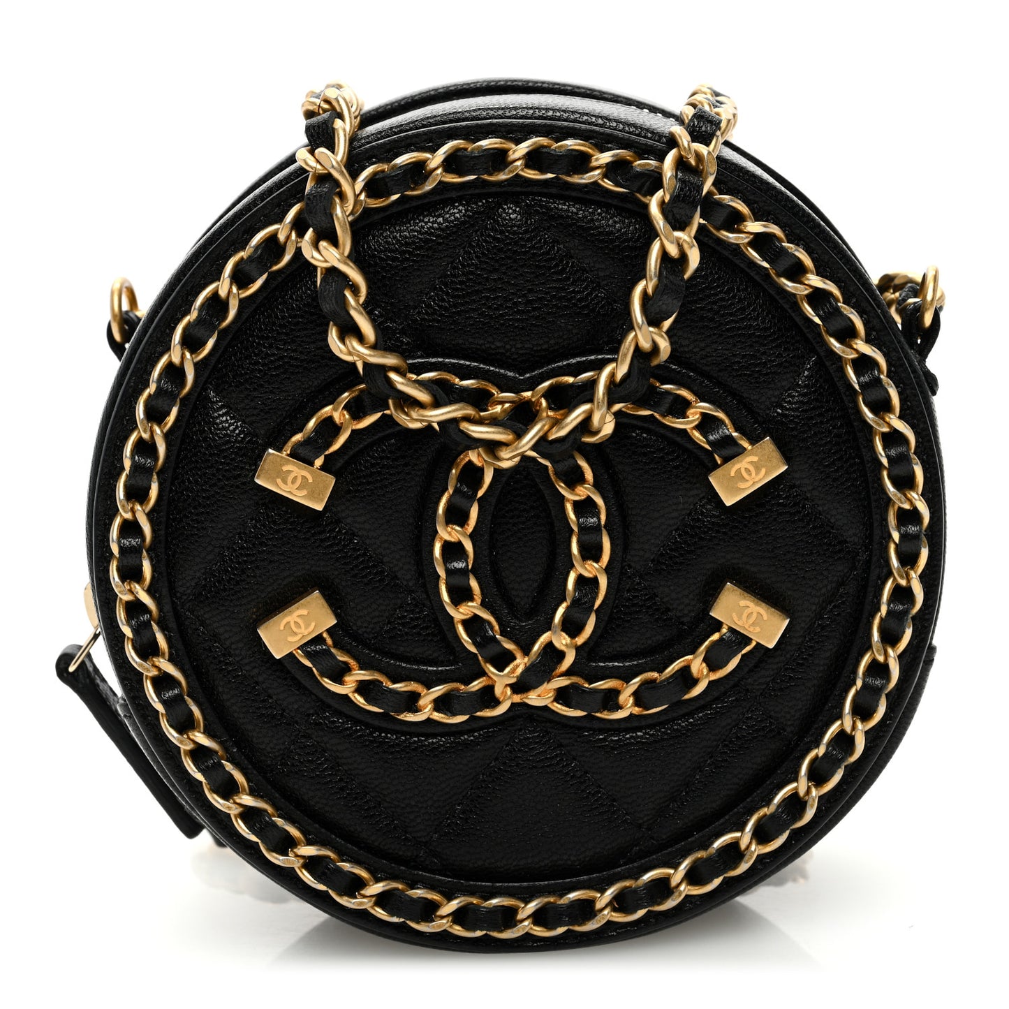 Lambskin Quilted Round Filigree Chain Around Crossbody Black