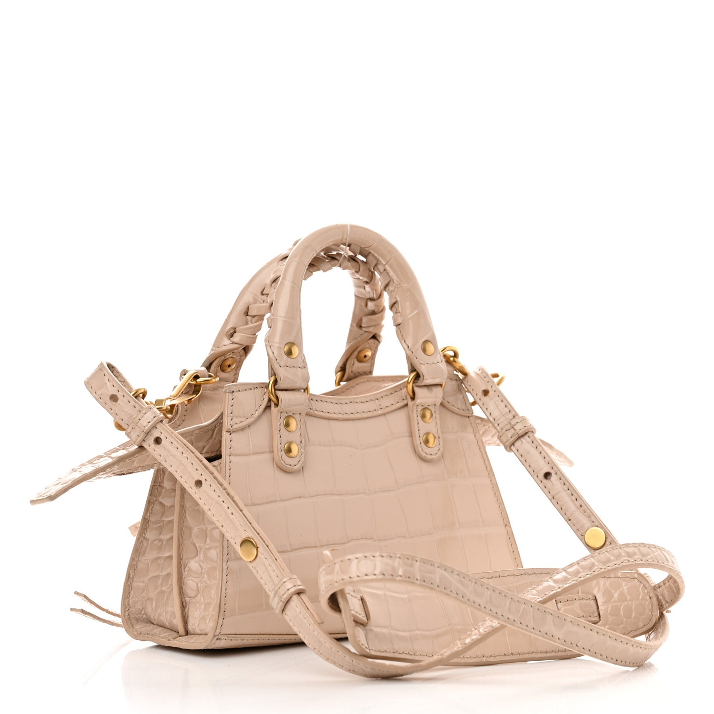 Shiny Supple Calfskin Crocodile Embossed Neo Classic Gold Hardware Nano City Crossbody Light Beige