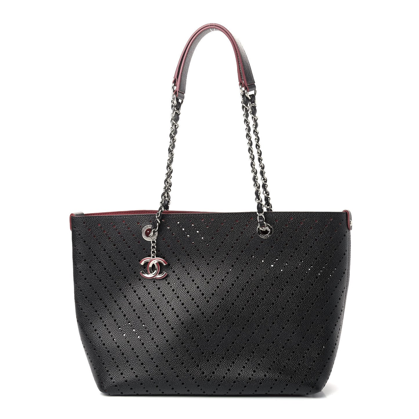 Perforated Grained Calfskin Large Shopping Tote Black