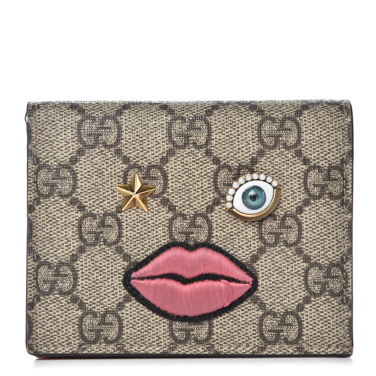 GG Supreme Monogram Face Embroidered Card Case Wallet Pink