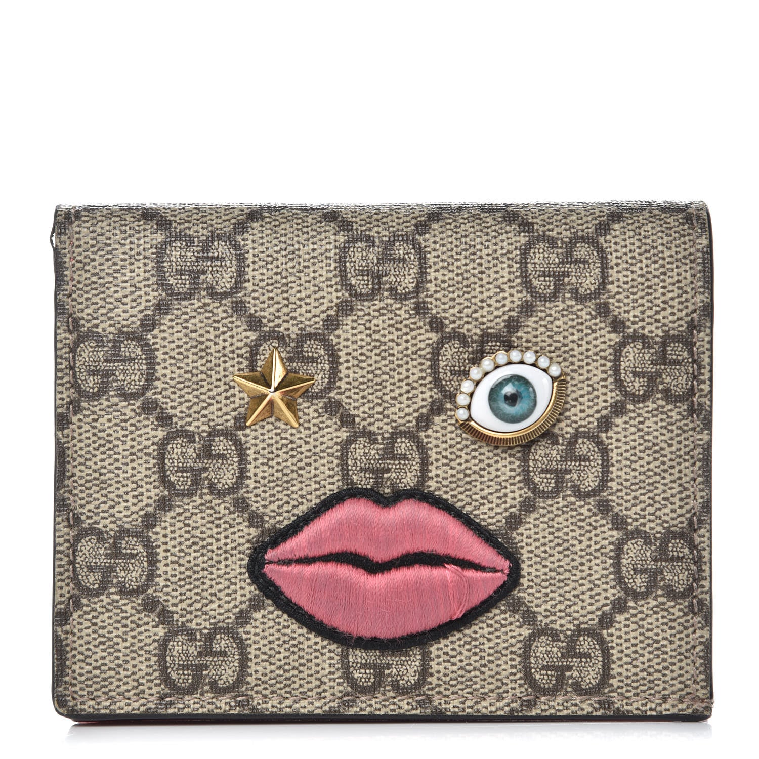 Gucci GG Supreme Monogram Face Embroidered Card Case Wallet Pink 1 of 10