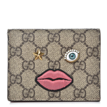 Gucci GG Supreme Monogram Face Embroidered Card Case Wallet Pink 1 of 10