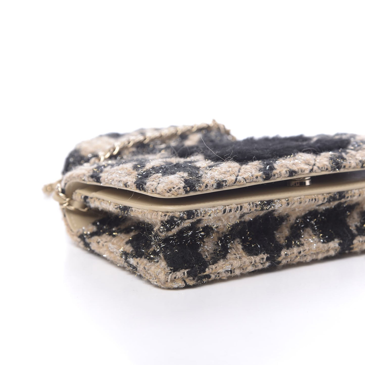 Tweed Shearling Quilted Wallet On Chain WOC and Coin Purse Beige Black