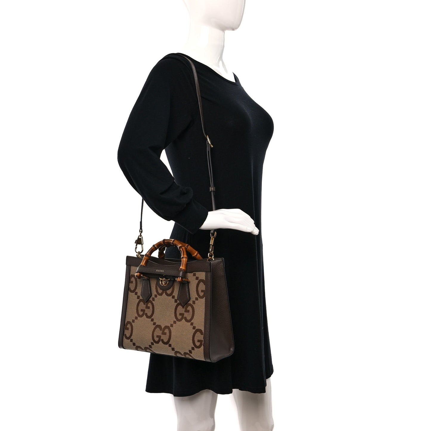 Monogram Jumbo GG Textured Dollar Calfskin Small Diana Tote Bag Camel Ebony New Acero