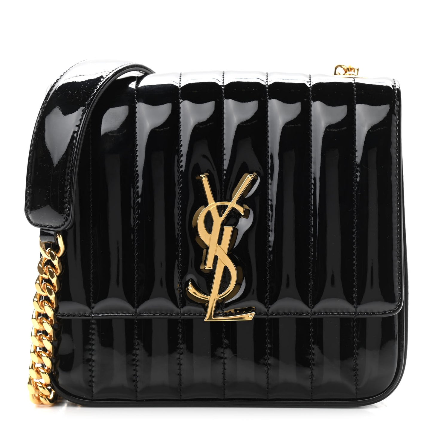 Patent Calfskin Matelasse Monogram Medium Vicky Chain Bag Black