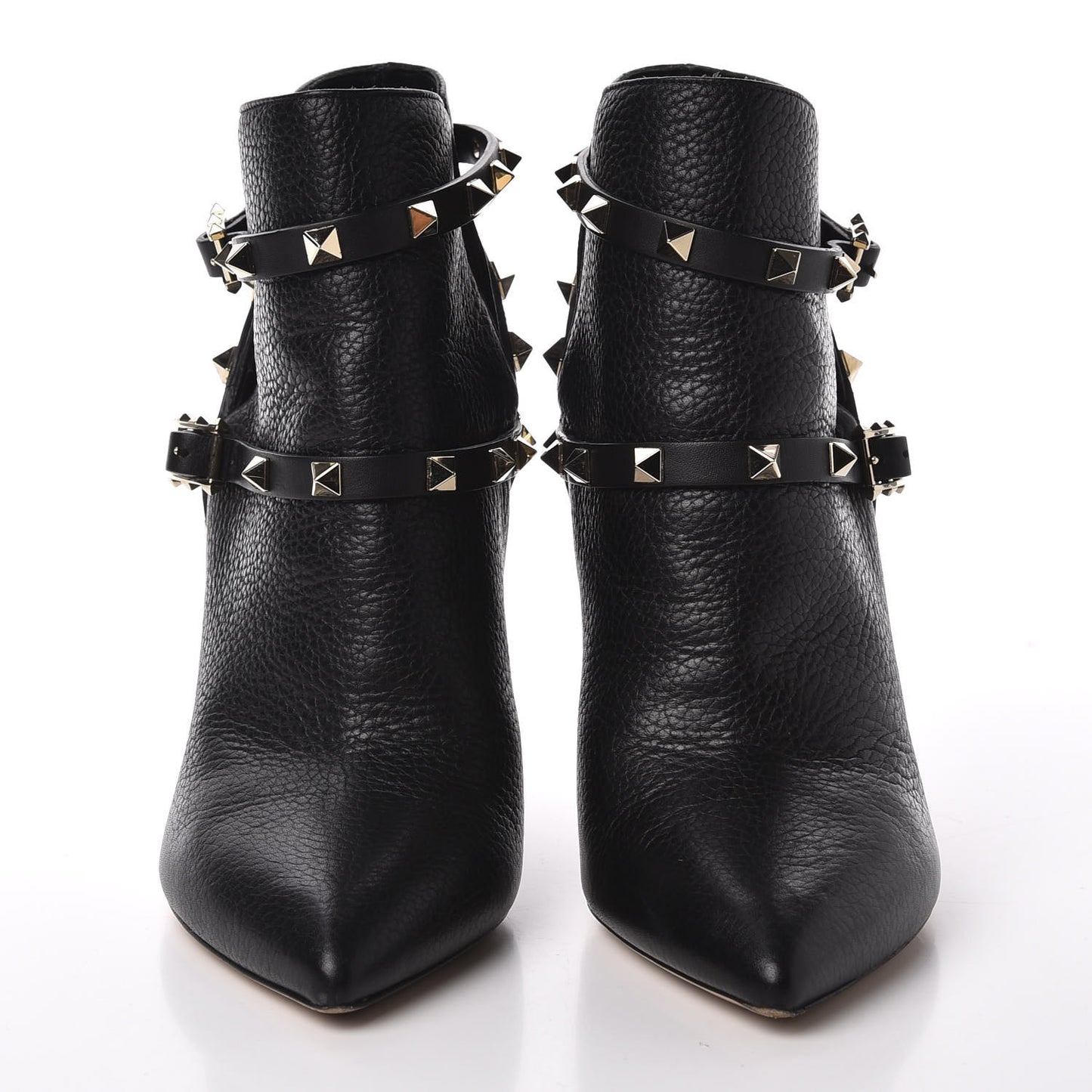 Pebbled Calfskin Rockstud Double Buckle 100mm Ankle Boots 38.5 Black