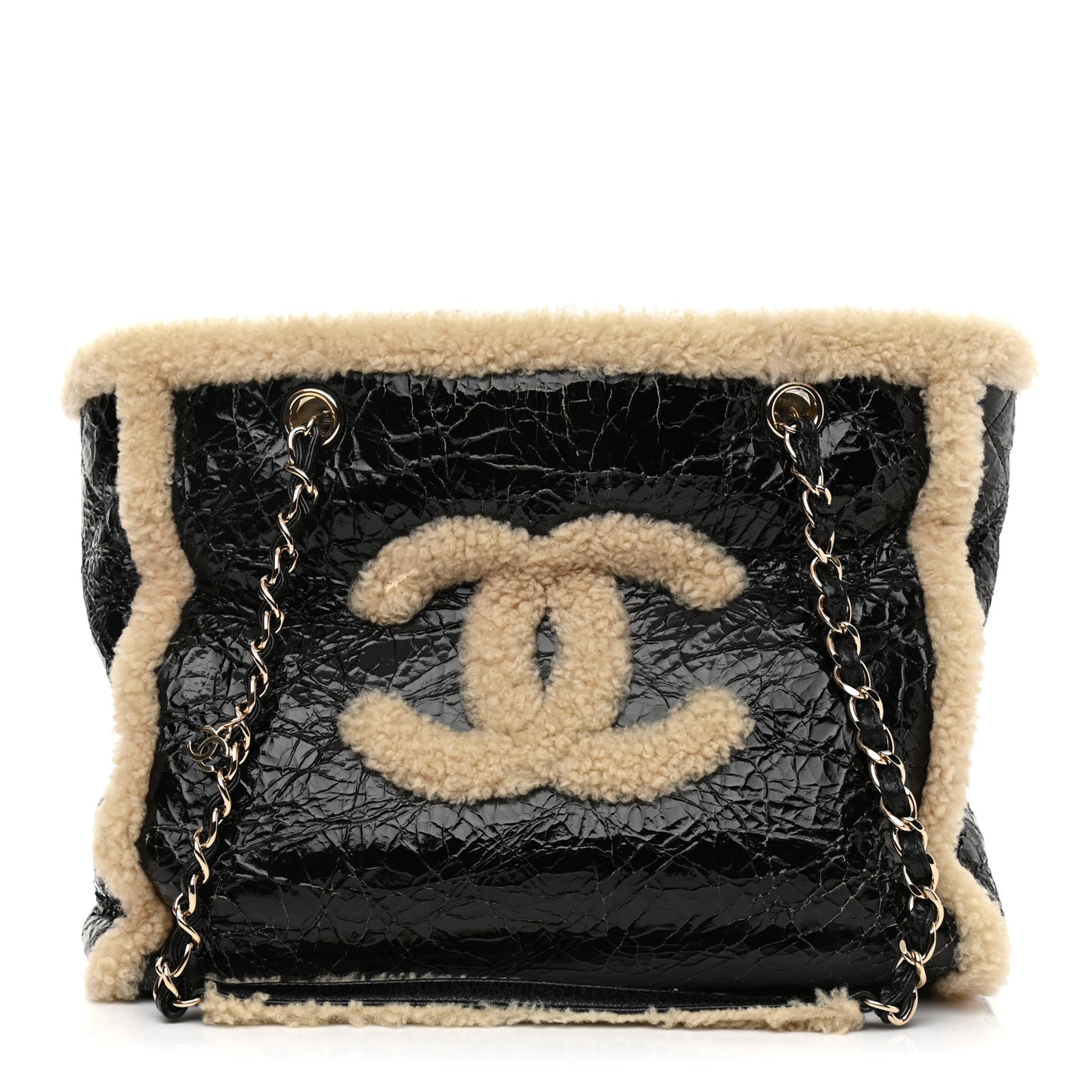 Shiny Crumpled Sheepskin Shearling CC Mania Tote Bag Black Beige