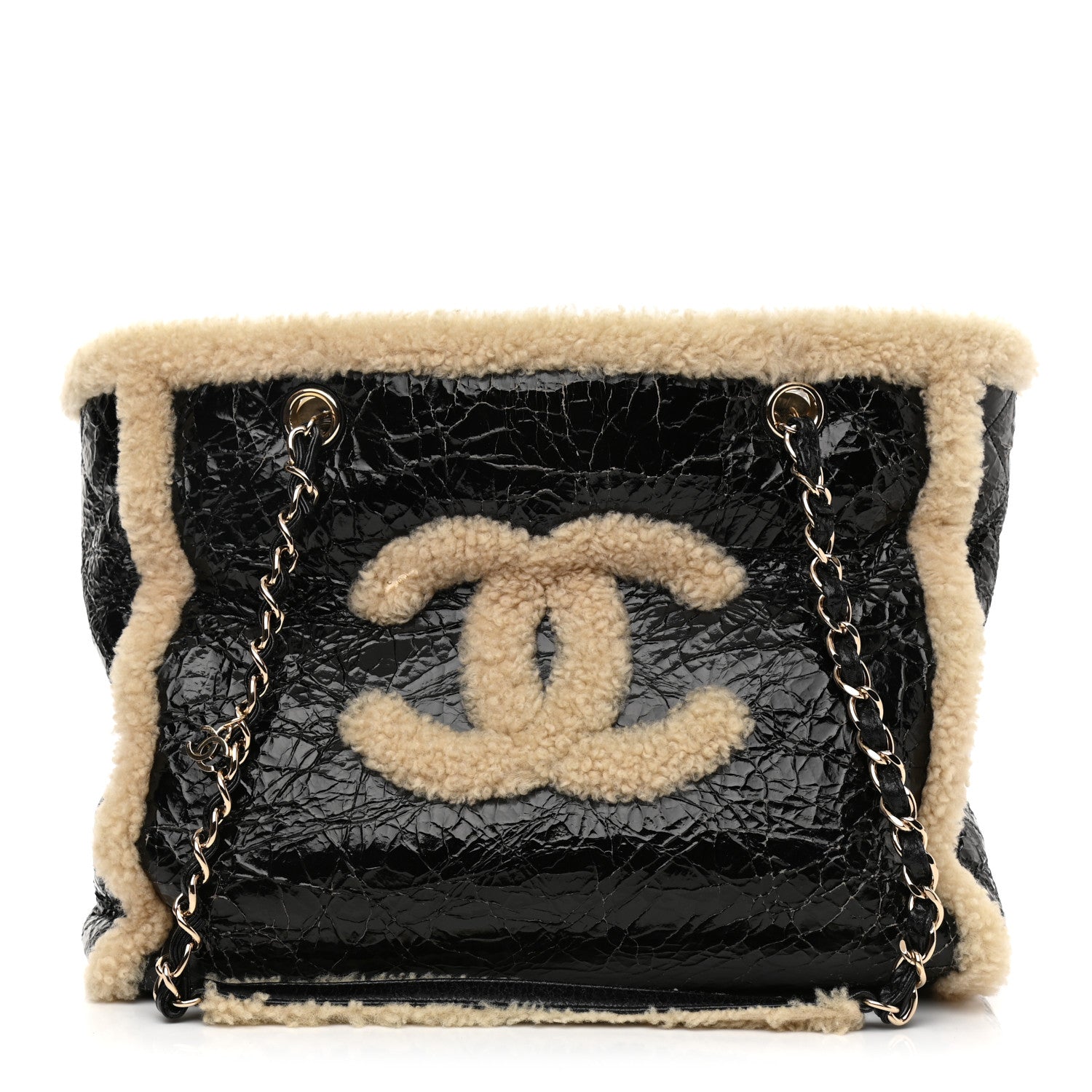 Chanel Shiny Crumpled Sheepskin Shearling CC Mania Tote Bag Black Beige 1 of 11