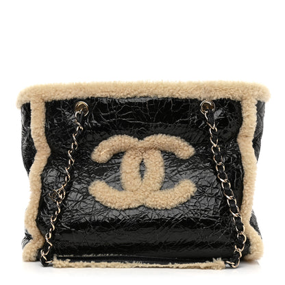 Chanel Shiny Crumpled Sheepskin Shearling CC Mania Tote Bag Black Beige 1 of 11
