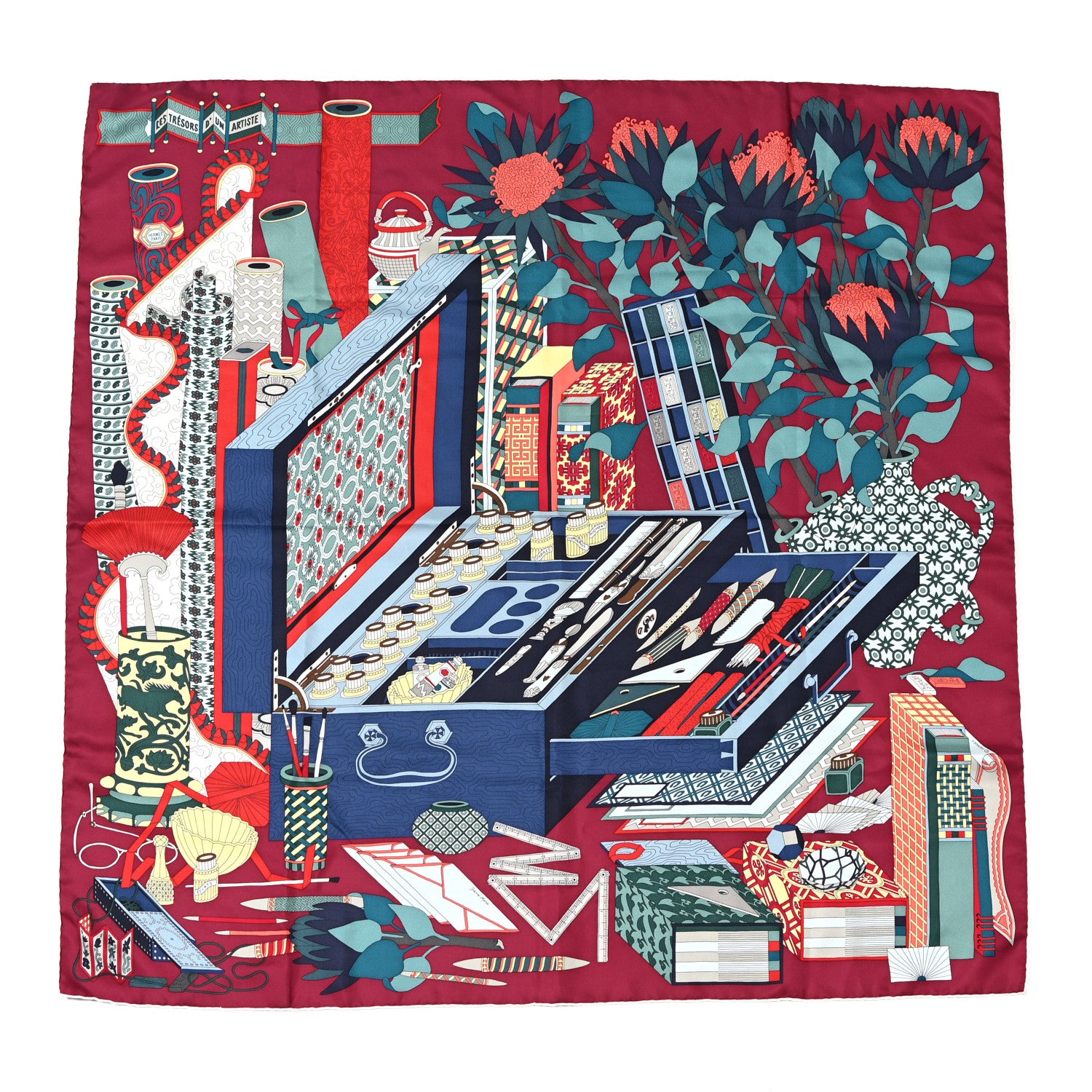 Hermes Silk Les Tresors D Un Artiste Scarf 90 Bordeaux Vert Blue 1 of 4