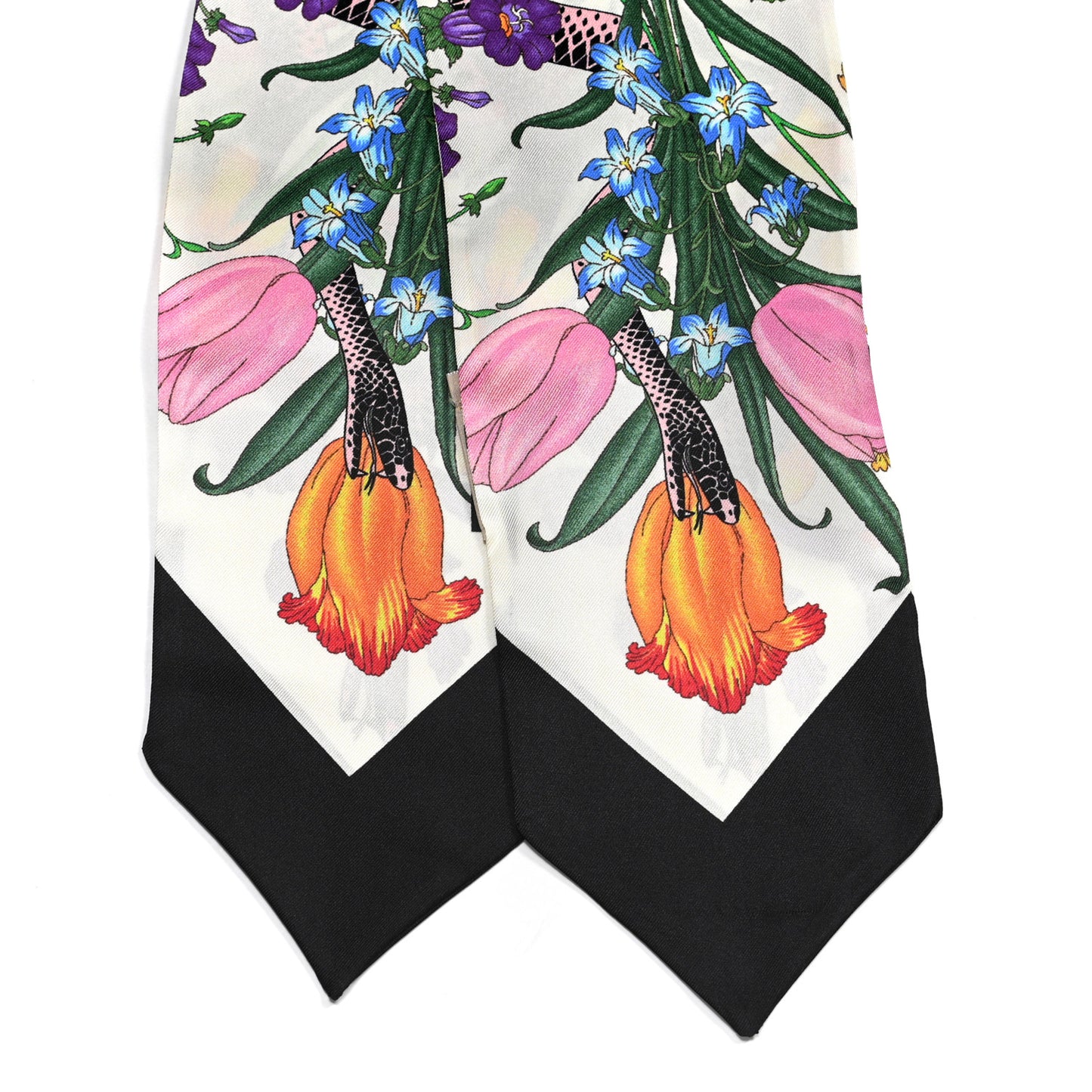 Silk Twill Flora Snake Neck Bow Scarf Ivory Black
