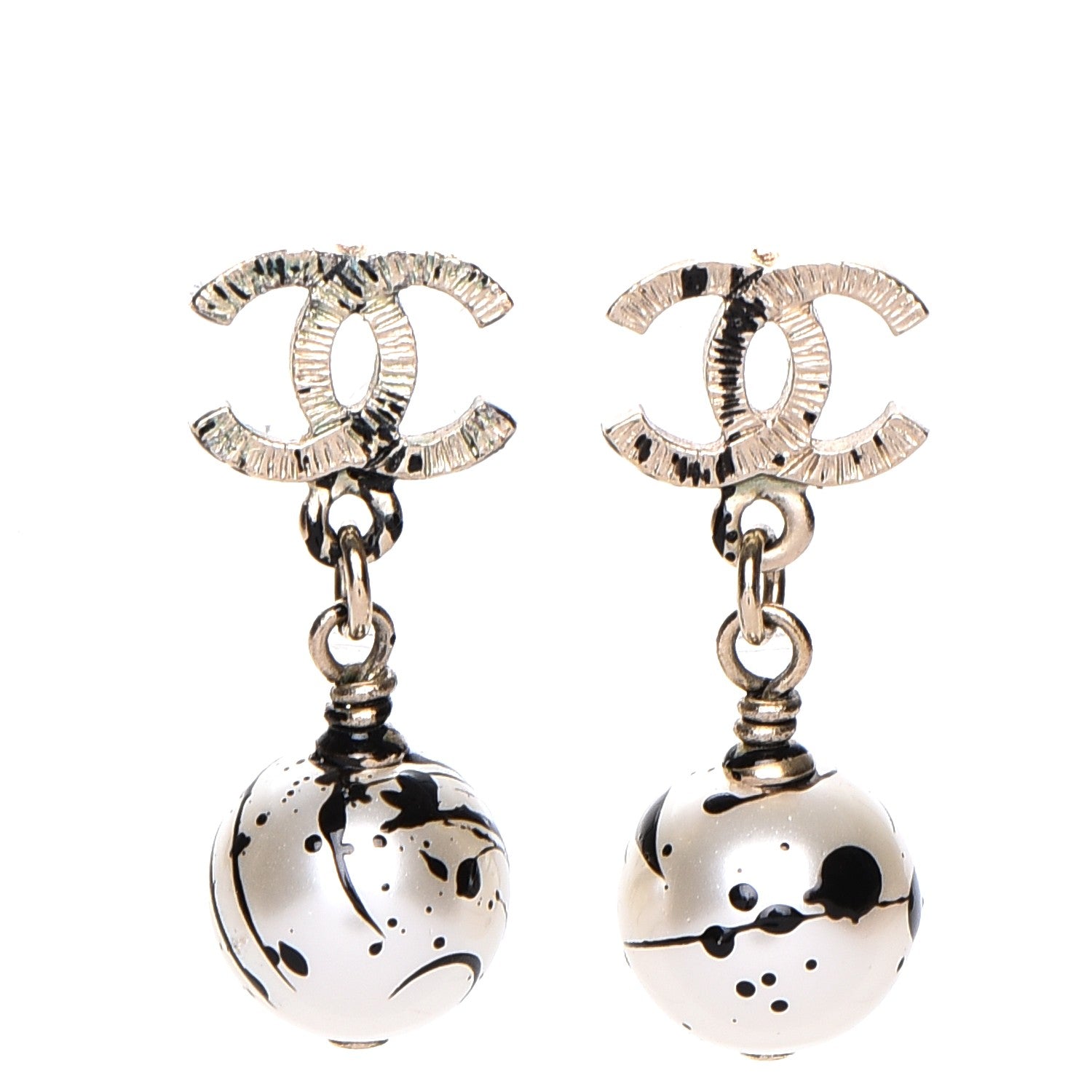 Chanel Pearl Bead CC Jackson Pollock Splattered Paint Drop Earrings Black Gold 1 of 5