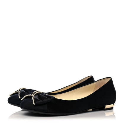 Chanel Satin Grosgrain Pearl Bow Ballerina Cap Toe Flats 38.5 Black 3 of 11