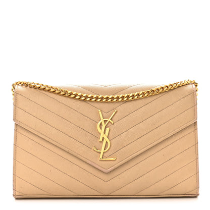 Saint Laurent Grain De Poudre Matelasse Chevron Monogram Chain Wallet Dark Beige 1 of 14
