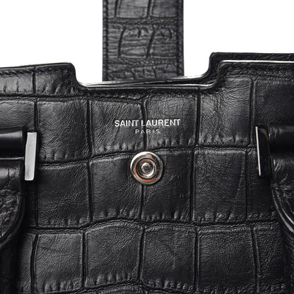 Saint Laurent Calfskin Crocodile Embossed Small Monogram Cabas Black 7 of 8