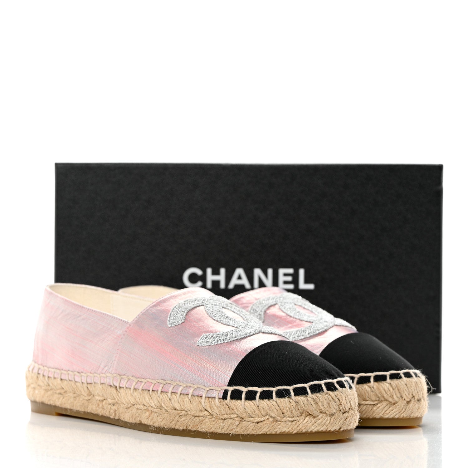 Chanel Laminated Lambskin Grosgrain Embroidered CC Espadrilles 40 Pink Silver Black 9 of 9