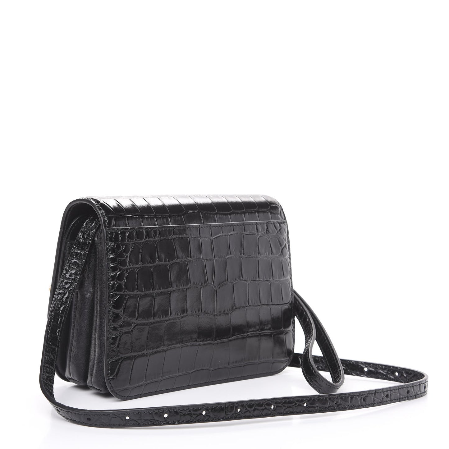 Shiny Calfskin Crocodile Embossed Small B Bag Black