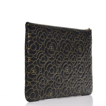 Chanel Lambskin Camellia Embossed Medium Cosmetic Case Black Gold 3 of 7