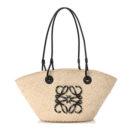 Loewe Calfskin Raffia Paulas Ibiza Small Anagram Basket Tote Bag Natural Black 1 of 12
