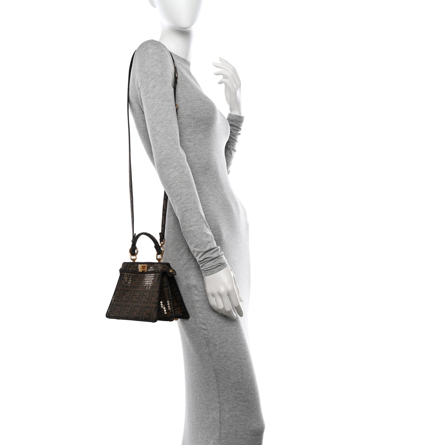 Fabric Jacquard Paillettes Vitello Seta FF 1974 Petite Peekaboo I SEE U Satchel Tobacco Moro