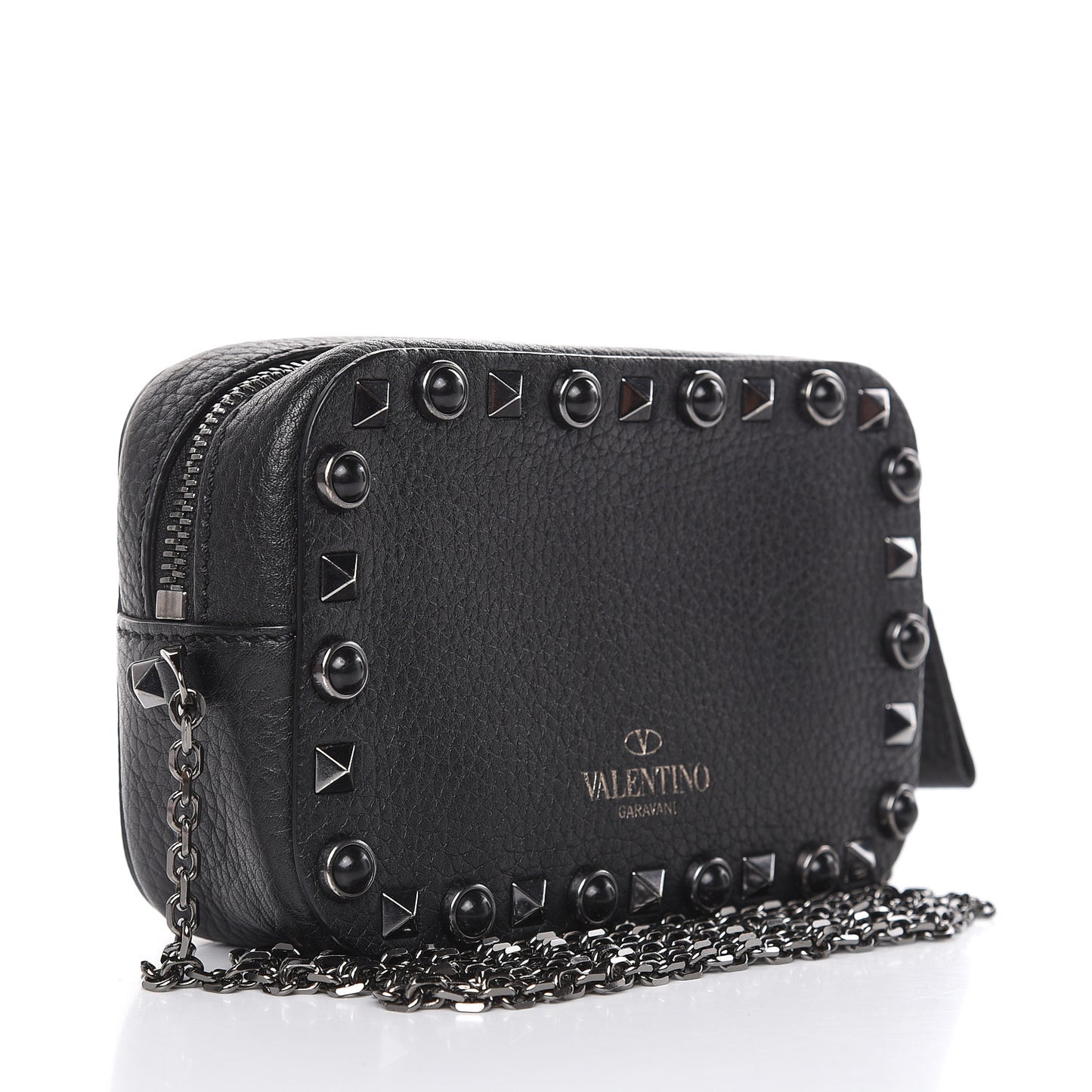 Calfskin Small Rockstud Rolling Chain Camera Crossbody Bag Black