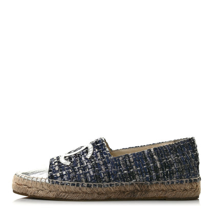 Chanel Metallic Tweed Lambskin CC Espadrilles 38 Blue Black Silver 1 of 7