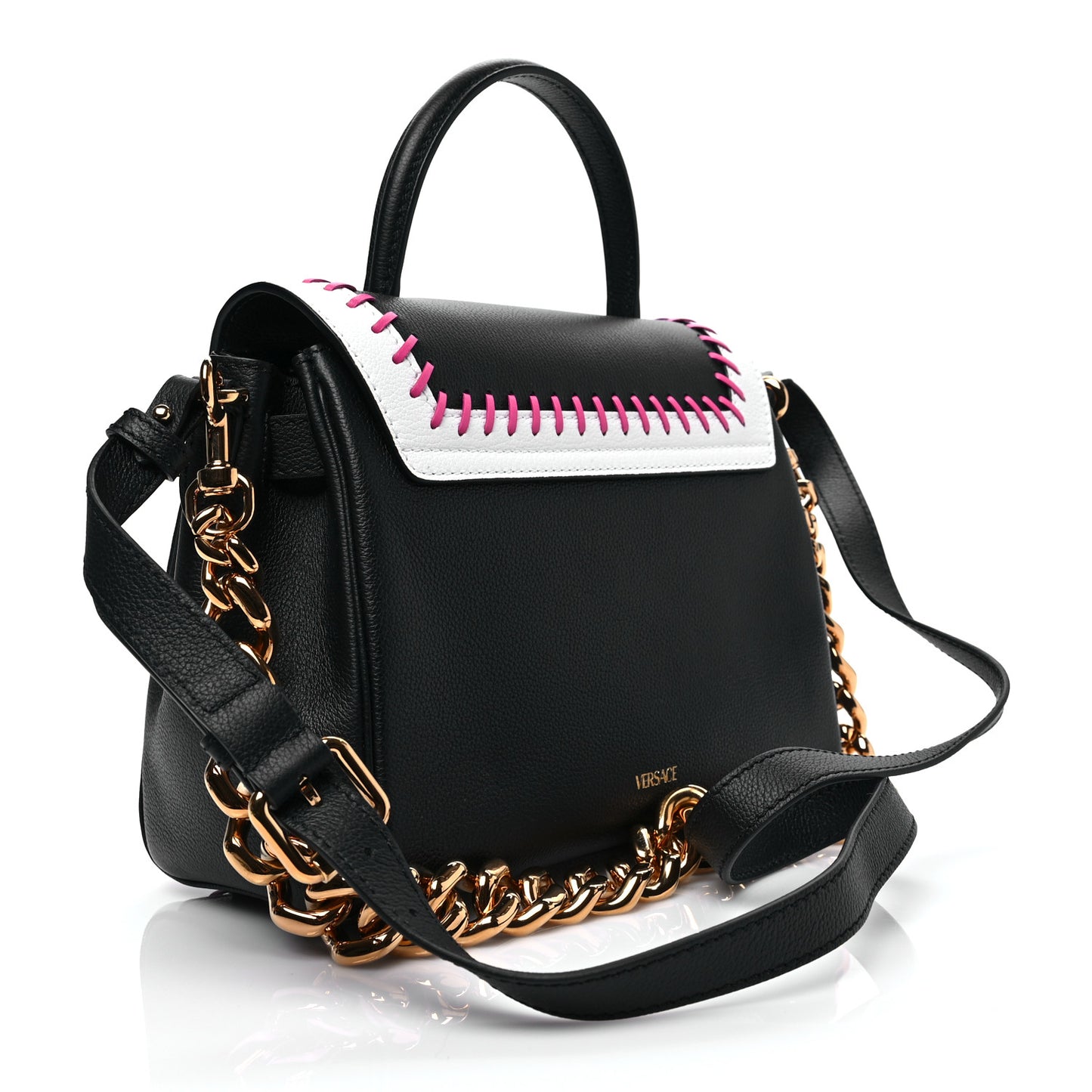 Calfskin Medusa Whipstitch Medium La Medusa Top Handle Handbag Black White