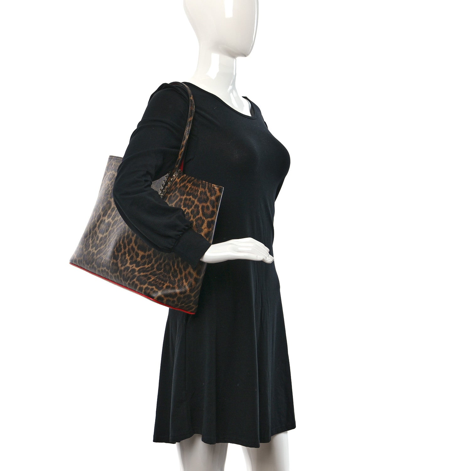 Christian Louboutin Calfskin Leopard Print Spikes East West Cabata Tote Brown 2 of 10